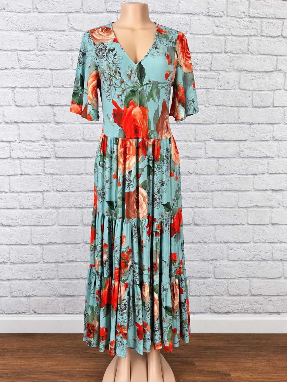 Soft Surroundings Floral Tiered Maxi Dress Women’s Medium Blue Rose Boho